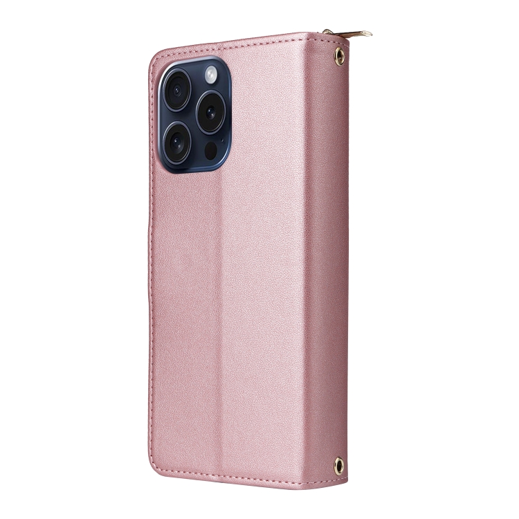 For iPhone 15 Pro Nine-card Slots Zipper Wallet Bag Leather Phone Case(Rose Gold) For iPhone 15 Pro Nine-card Slots Zipper Wallet Bag Leather Phone Case(Rose Gold)