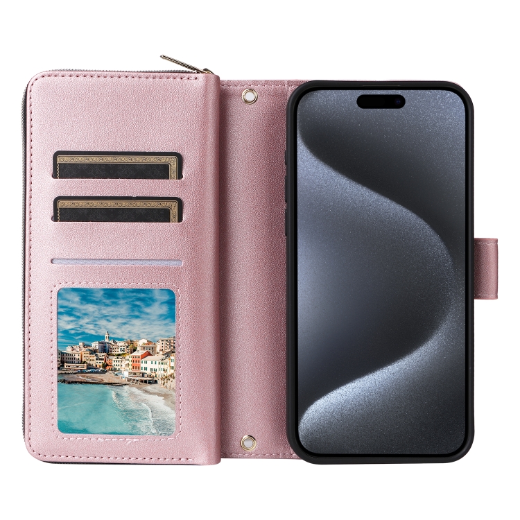 For iPhone 15 Pro Nine-card Slots Zipper Wallet Bag Leather Phone Case(Rose Gold) For iPhone 15 Pro Nine-card Slots Zipper Wallet Bag Leather Phone Case(Rose Gold)