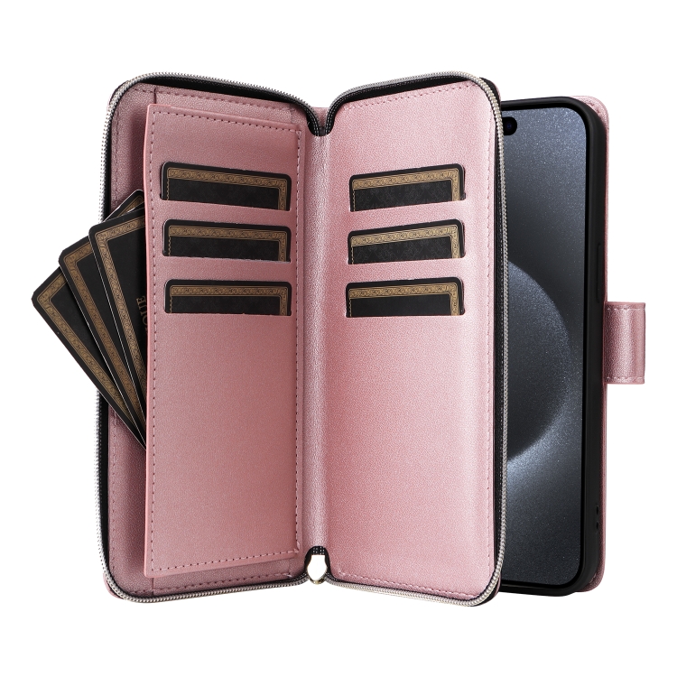 For iPhone 15 Pro Nine-card Slots Zipper Wallet Bag Leather Phone Case(Rose Gold) For iPhone 15 Pro Nine-card Slots Zipper Wallet Bag Leather Phone Case(Rose Gold)