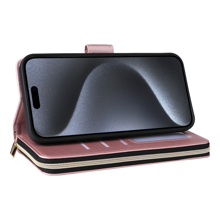 For iPhone 15 Pro Nine-card Slots Zipper Wallet Bag Leather Phone Case(Rose Gold) For iPhone 15 Pro Nine-card Slots Zipper Wallet Bag Leather Phone Case(Rose Gold)