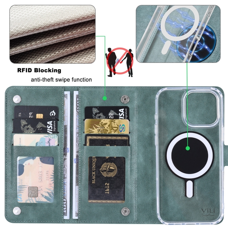 For iPhone 15 ViLi GVS-C Series MagSafe Magnetic RFID Leather Flip Phone Case(Green) For iPhone 15 ViLi GVS-C Series MagSafe Magnetic RFID Leather Flip Phone Case(Green)