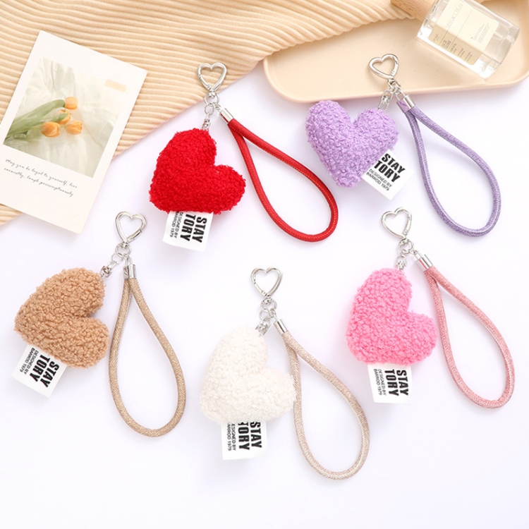Imitation Wool Plush Heart Keychain Mobile Phone Wrist Lanyard(White)