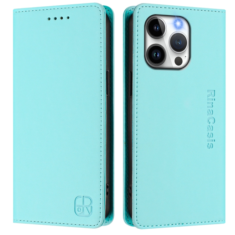 For iPhone 15 Pro RC01 Dual-Folded Magnetic Suction RFID Leather Phone Case(Mint Green) For iPhone 15 Pro RC01 Dual-Folded Magnetic Suction RFID Leather Phone Case(Mint Green)