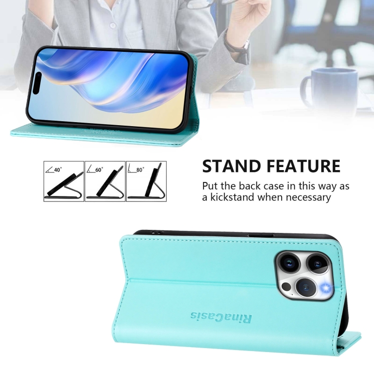 For iPhone 15 Pro RC01 Dual-Folded Magnetic Suction RFID Leather Phone Case(Mint Green) For iPhone 15 Pro RC01 Dual-Folded Magnetic Suction RFID Leather Phone Case(Mint Green)