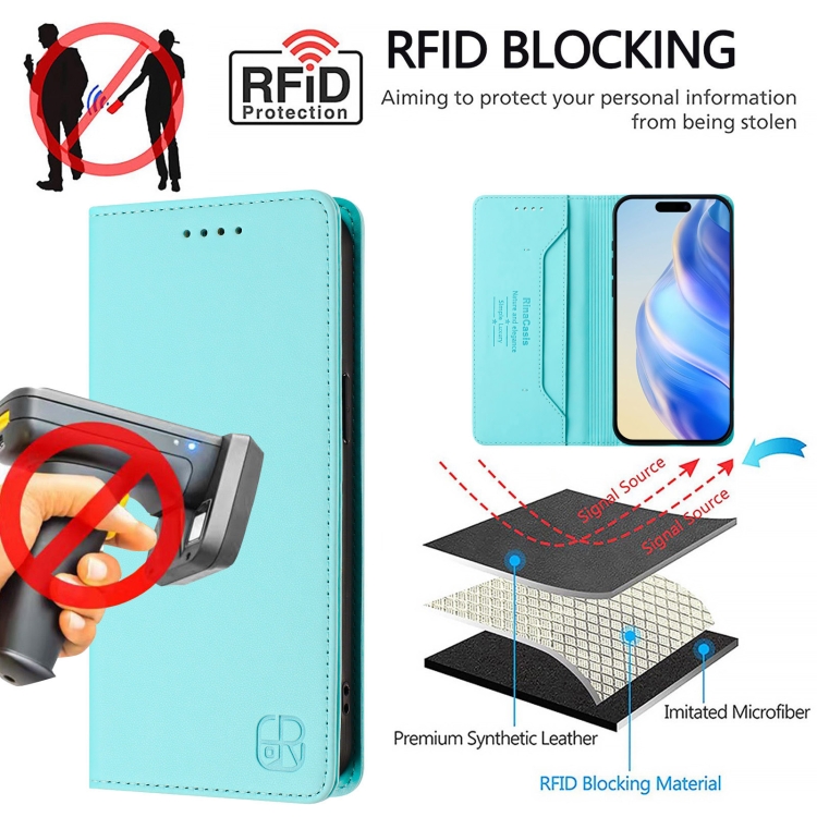 For iPhone 15 Pro RC01 Dual-Folded Magnetic Suction RFID Leather Phone Case(Mint Green) For iPhone 15 Pro RC01 Dual-Folded Magnetic Suction RFID Leather Phone Case(Mint Green)