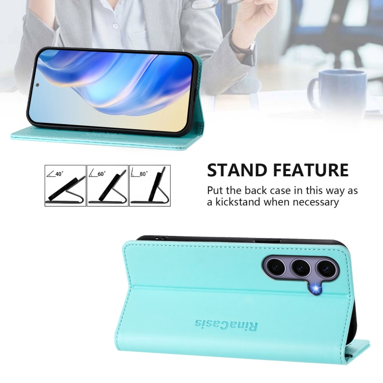 For Samsung Galaxy S24 / S25 5G RC01 Dual-Folded Magnetic Suction RFID Leather Phone Case(Mint Green)
