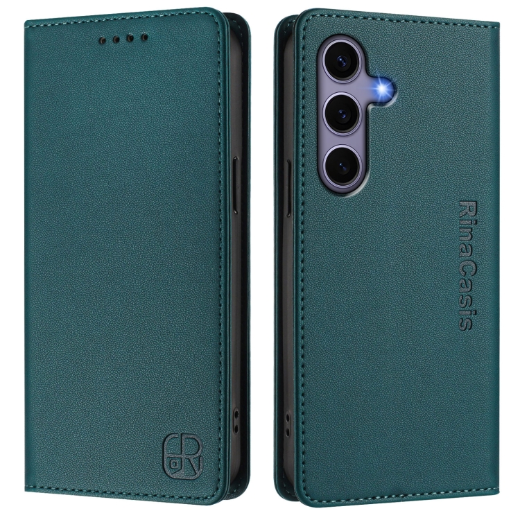 For Galaxy S24 FE 5G RC01 Dual-Folded Magnetic Suction RFID Leather Phone Case(Dark Green) 2