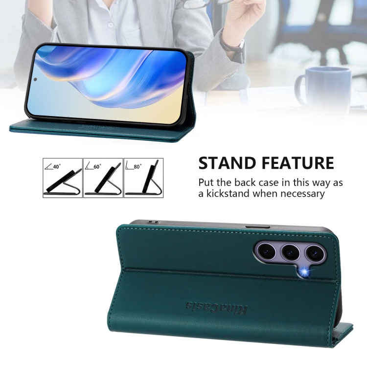 For Galaxy S24 FE 5G RC01 Dual-Folded Magnetic Suction RFID Leather Phone Case(Dark Green) 4