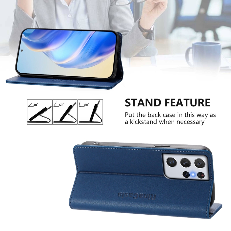 For Samsung Galaxy S21 Ultra 5G RC01 Dual-Folded Magnetic Suction RFID Leather Phone Case(Dark Blue) For Samsung Galaxy S21 Ultra 5G RC01 Dual-Folded Magnetic Suction RFID Leather Phone Case(Dark Blue)