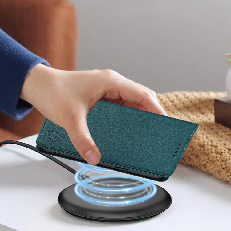 For Galaxy S21 Ultra 5G RC01 Dual-Folded Magnetic Suction RFID Leather Phone Case(Dark Green)