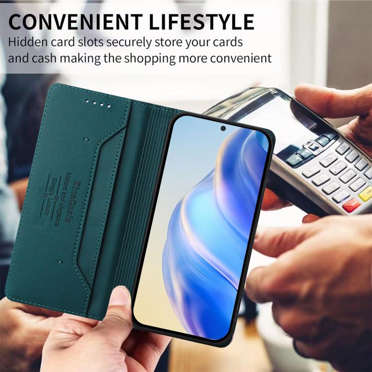 For Galaxy S26 Edge 5G RC01 Dual-Folded Magnetic Suction RFID Leather Phone Case(Dark Green)