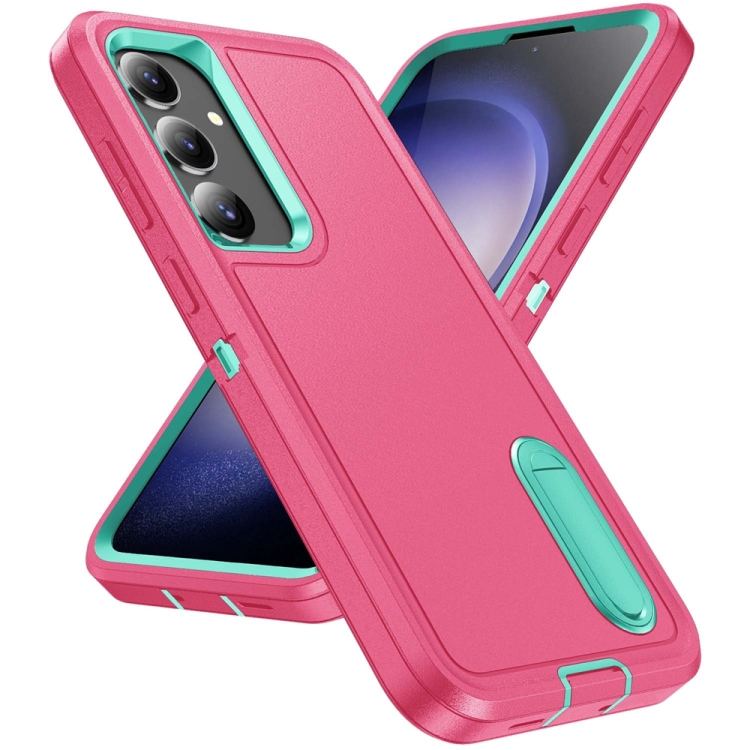 For Samsung Galaxy S24 / S25 5G Rugged PC Hybrid Silicone Phone Case with Holder(Rose Red+Light Green)