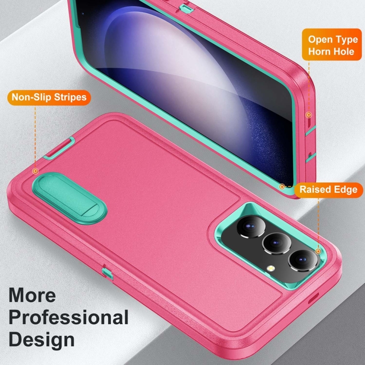 For Samsung Galaxy S24 / S25 5G Rugged PC Hybrid Silicone Phone Case with Holder(Rose Red+Light Green)