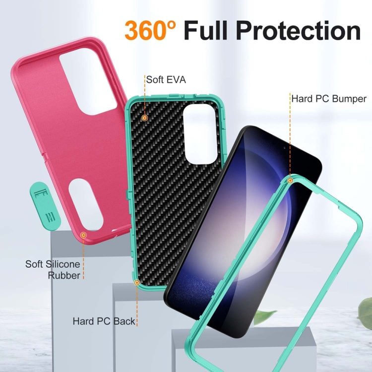 For Samsung Galaxy S24 / S25 5G Rugged PC Hybrid Silicone Phone Case with Holder(Rose Red+Light Green)