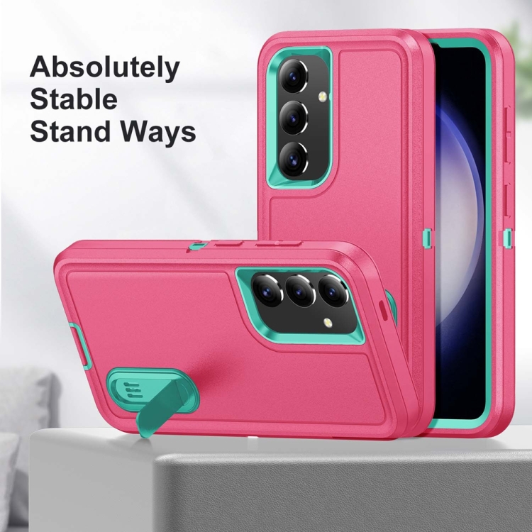 For Samsung Galaxy S24 / S25 5G Rugged PC Hybrid Silicone Phone Case with Holder(Rose Red+Light Green)