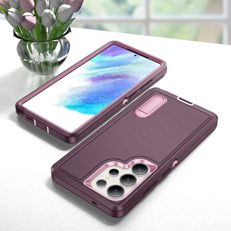 For Samsung Galaxy S25 Ultra 5G Rugged PC Hybrid Silicone Phone Case with Holder(Purple+Pink)