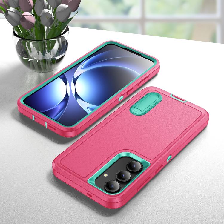 For Samsung Galaxy S25 FE 5G Rugged PC Hybrid Silicone Phone Case with Holder(Rose Red+Light Green)