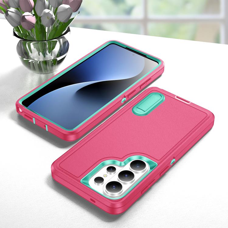 For Samsung Galaxy S26 Ultra 5G Rugged PC Hybrid Silicone Phone Case with Holder(Rose Red+Light Green)