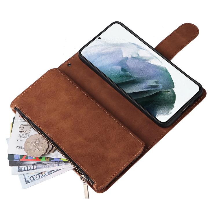 For Galaxy S22+ 5G Multifunctional Frosted Zipper Wallet Leather Phone Case(Brown)