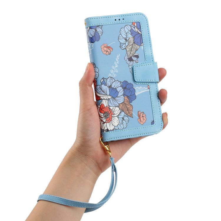 For Galaxy A07 / A08 5G / 4G Floral Pattern Leather Phone Case with Lanyard(Light Blue)