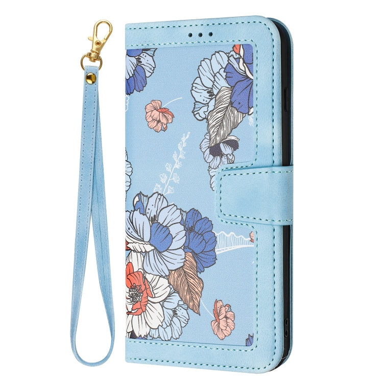 For Samsung Galaxy S25 5G Floral Pattern Leather Phone Case with Lanyard(Light Blue) For Samsung Galaxy S25 5G Floral Pattern Leather Phone Case with Lanyard(Light Blue)