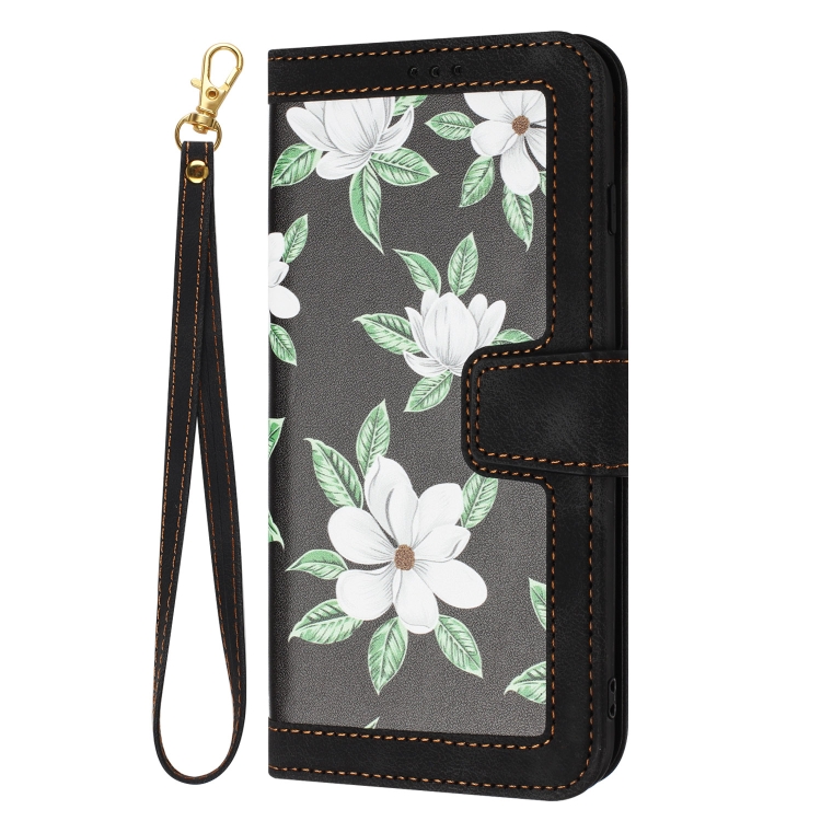 For Samsung Galaxy S23+ 5G Floral Pattern Leather Phone Case with Lanyard(Black)