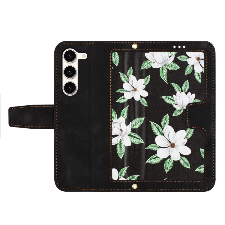 For Samsung Galaxy S23+ 5G Floral Pattern Leather Phone Case with Lanyard(Black)