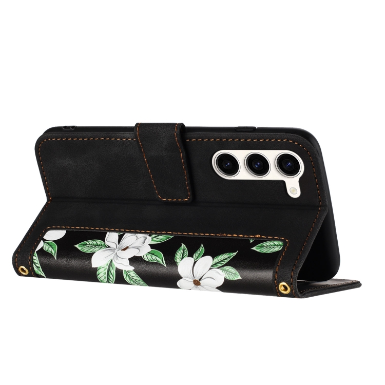 For Samsung Galaxy S23+ 5G Floral Pattern Leather Phone Case with Lanyard(Black)