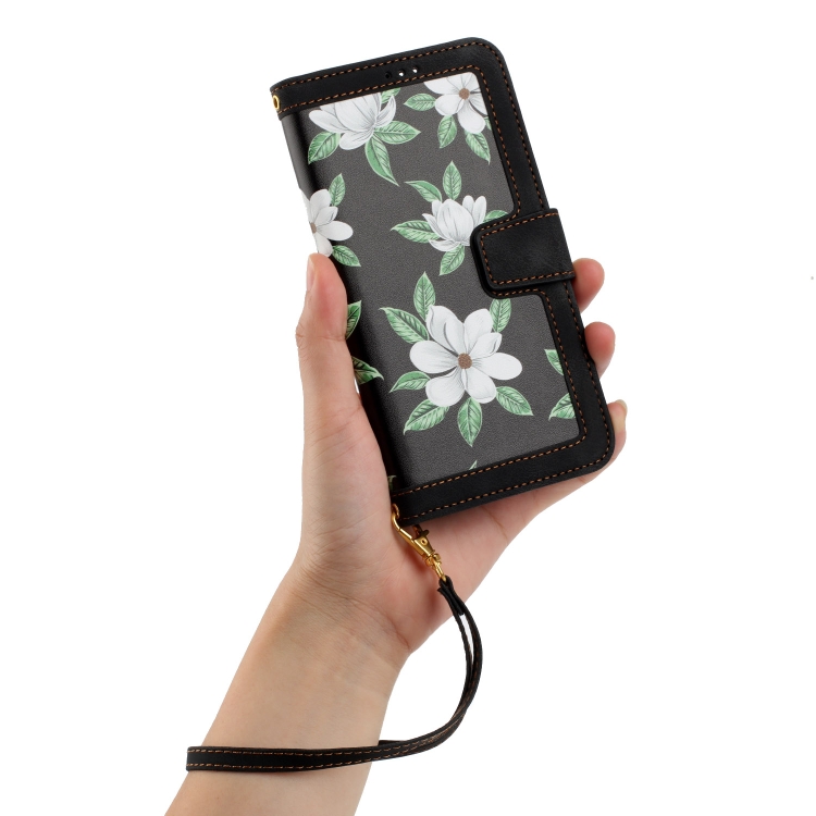 For Samsung Galaxy S23+ 5G Floral Pattern Leather Phone Case with Lanyard(Black)