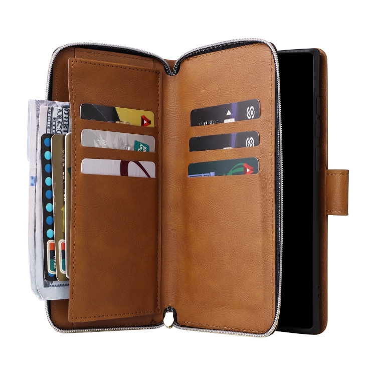 For Samsung Galaxy S25 Ultra 5G 9-Card Slots Zipper Wallet Bag Leather Phone Case(Brown) For Samsung Galaxy S25 Ultra 5G 9-Card Slots Zipper Wallet Bag Leather Phone Case(Brown)