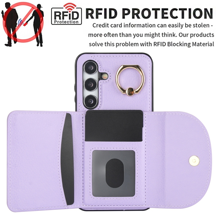 For Samsung Galaxy S25+ 5G Ring Holder Card Bag Skin Feel Phone Case(Purple)