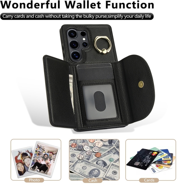 For Samsung Galaxy S25 Ultra 5G Ring Holder Card Bag Skin Feel Phone Case(Black)