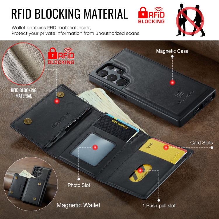 For Samsung Galaxy S24 Ultra 5G DG.MING M6 Series RFID Tri-fold Card Bag Removable Leather Phone Case(Black) For Samsung Galaxy S24 Ultra 5G DG.MING M6 Series RFID Tri-fold Card Bag Removable Leather Phone Case(Black)