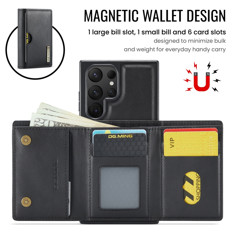 For Samsung Galaxy S24 Ultra 5G DG.MING M6 Series RFID Tri-fold Card Bag Removable Leather Phone Case(Black) For Samsung Galaxy S24 Ultra 5G DG.MING M6 Series RFID Tri-fold Card Bag Removable Leather Phone Case(Black)