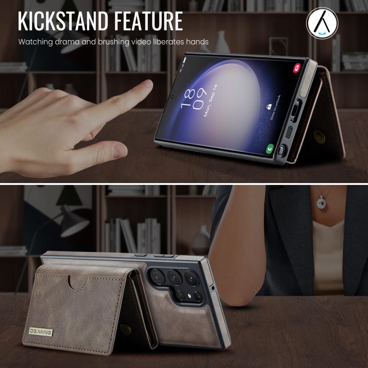 For Samsung Galaxy S23 Ultra 5G DG.MING M6 Series RFID Tri-fold Card Bag Removable Leather Phone Case(Coffee)
