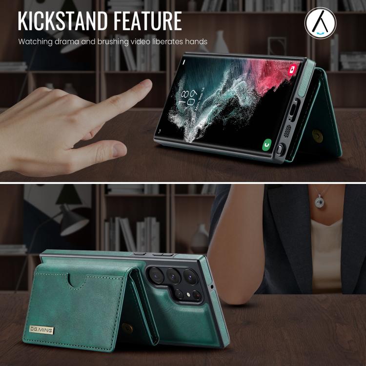 For Samsung Galaxy S22 Ultra 5G DG.MING M6 Series RFID Tri-fold Card Bag Removable Leather Phone Case(Green)