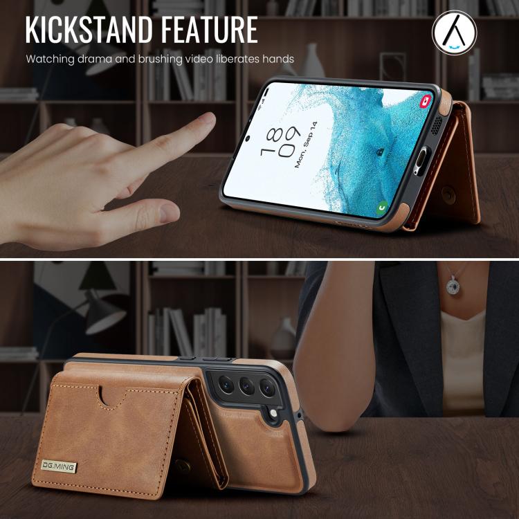 For Samsung Galaxy S22+ 5G DG.MING M6 Series RFID Tri-fold Card Bag Removable Leather Phone Case(Brown)