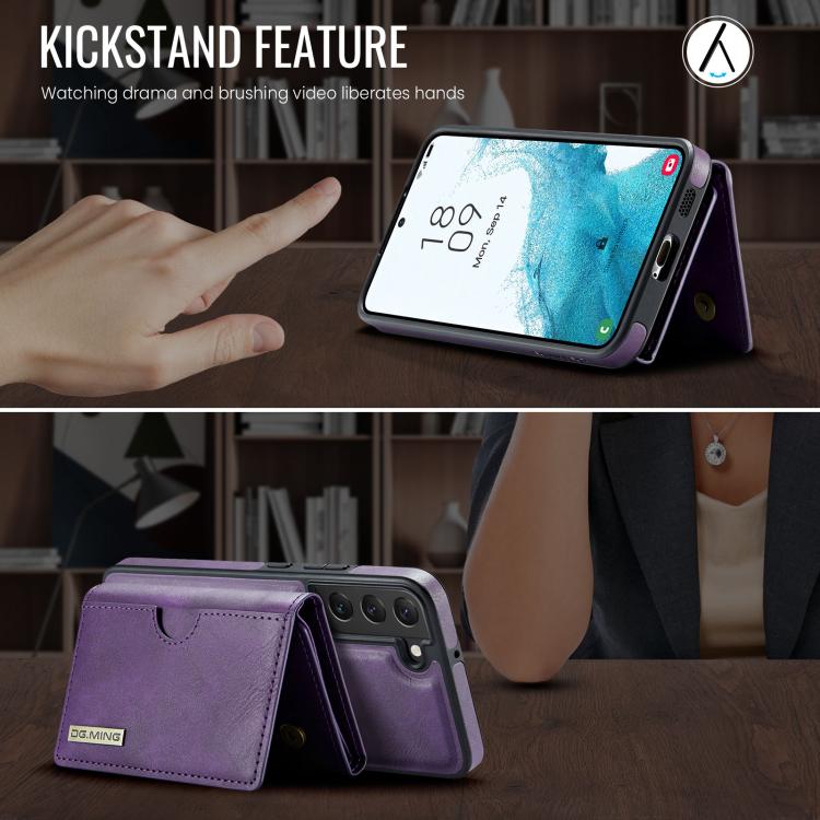 For Samsung Galaxy S22 5G DG.MING M6 Series RFID Tri-fold Card Bag Removable Leather Phone Case(Purple)