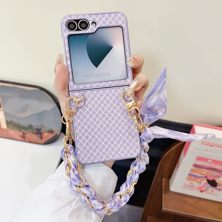 For Samsung Galaxy Z Flip5 5G Sparkling Diamond Rhombus PC Phone Case with Silk Scarf Bracelet(Purple) For Samsung Galaxy Z Flip5 5G Sparkling Diamond Rhombus PC Phone Case with Silk Scarf Bracelet(Purple)