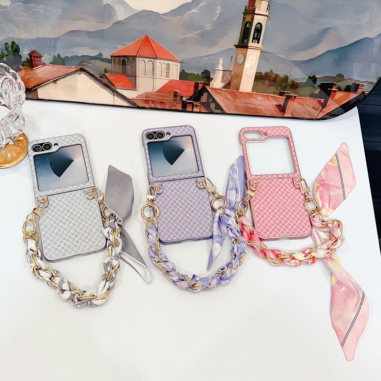 For Samsung Galaxy Z Flip5 5G Sparkling Diamond Rhombus PC Phone Case with Silk Scarf Bracelet(Purple) For Samsung Galaxy Z Flip5 5G Sparkling Diamond Rhombus PC Phone Case with Silk Scarf Bracelet(Purple)