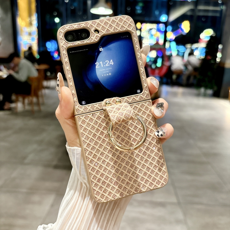 For Samsung Galaxy Z Flip5 5G Sparkling Diamond Rhombus PC Phone Case with Ring(Gold) For Samsung Galaxy Z Flip5 5G Sparkling Diamond Rhombus PC Phone Case with Ring(Gold)