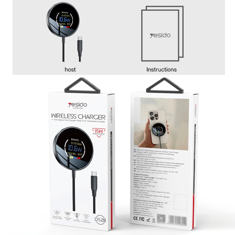 Yesido DS28 15W Smart Digital Display Magnetic Wireless Charger, Length:1.2m(Black) Yesido DS28 15W Smart Digital Display Magnetic Wireless Charger, Length:1.2m(Black)