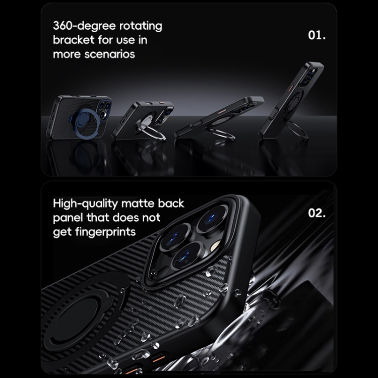 For iPhone 16 Pro Max Carbon Fiber MagSafe Phone Case with 360 Degree Rotating Holder(Black Grey) For iPhone 16 Pro Max Carbon Fiber MagSafe Phone Case with 360 Degree Rotating Holder(Black Grey)