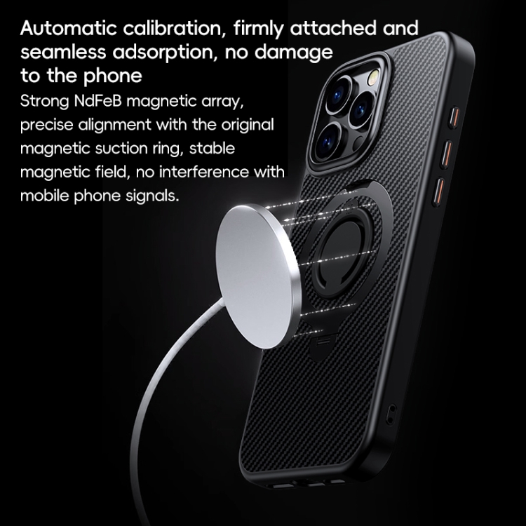 For iPhone 16 Pro Max Carbon Fiber MagSafe Phone Case with 360 Degree Rotating Holder(Black Grey) For iPhone 16 Pro Max Carbon Fiber MagSafe Phone Case with 360 Degree Rotating Holder(Black Grey)
