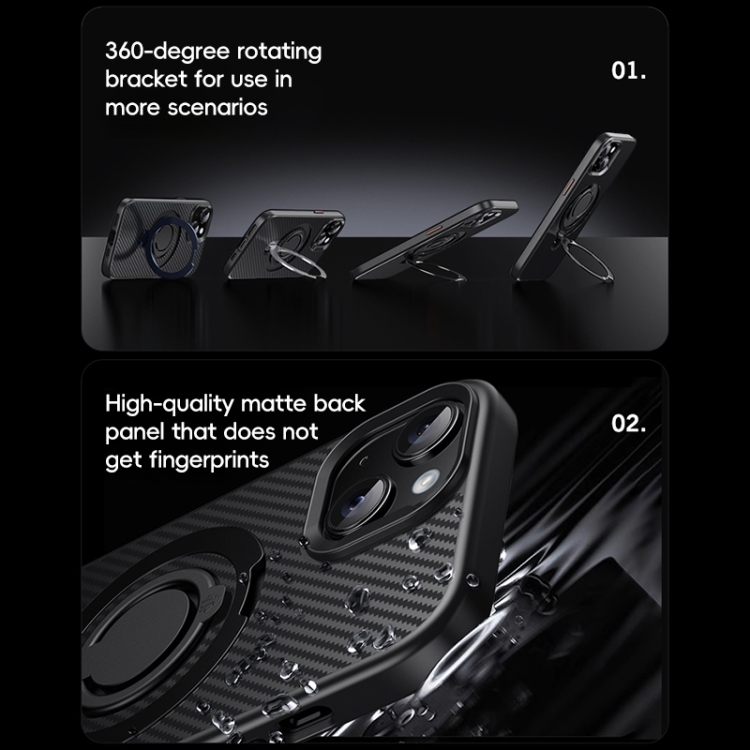 For iPhone 15 Plus / 14 Plus Carbon Fiber MagSafe Phone Case with 360 Degree Rotating Holder(Black Silver) For iPhone 15 Plus / 14 Plus Carbon Fiber MagSafe Phone Case with 360 Degree Rotating Holder(Black Silver)