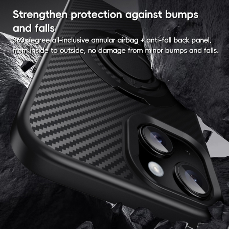 For iPhone 15 Plus / 14 Plus Carbon Fiber MagSafe Phone Case with 360 Degree Rotating Holder(Black Silver) For iPhone 15 Plus / 14 Plus Carbon Fiber MagSafe Phone Case with 360 Degree Rotating Holder(Black Silver)