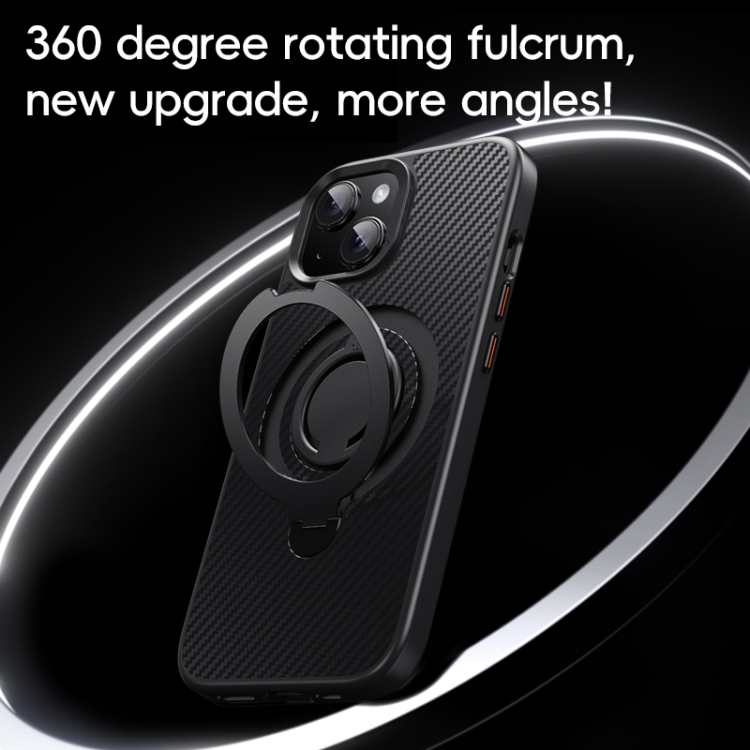 For iPhone 15 Plus / 14 Plus Carbon Fiber MagSafe Phone Case with 360 Degree Rotating Holder(Black Silver) For iPhone 15 Plus / 14 Plus Carbon Fiber MagSafe Phone Case with 360 Degree Rotating Holder(Black Silver)