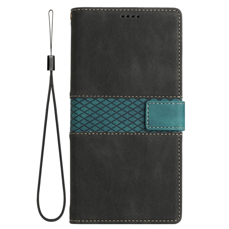 For Samsung Galaxy S21 Ultra 5G Grid Stitching Leather Phone Case with Lanyard(Black)