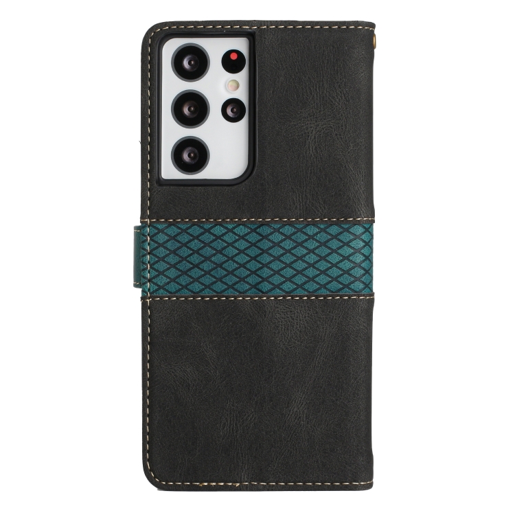 For Samsung Galaxy S21 Ultra 5G Grid Stitching Leather Phone Case with Lanyard(Black)