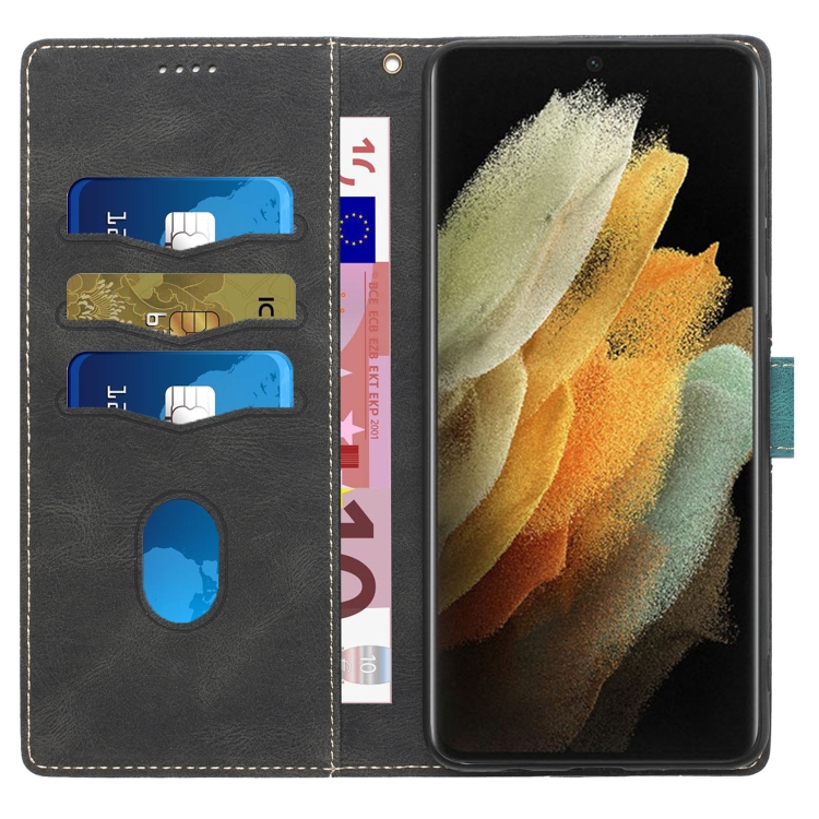 For Samsung Galaxy S21 Ultra 5G Grid Stitching Leather Phone Case with Lanyard(Black)
